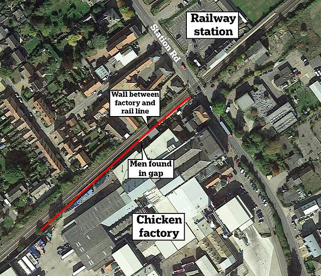 A map illustrating where the men were found in a narrow gap in the wall of a chicken factory