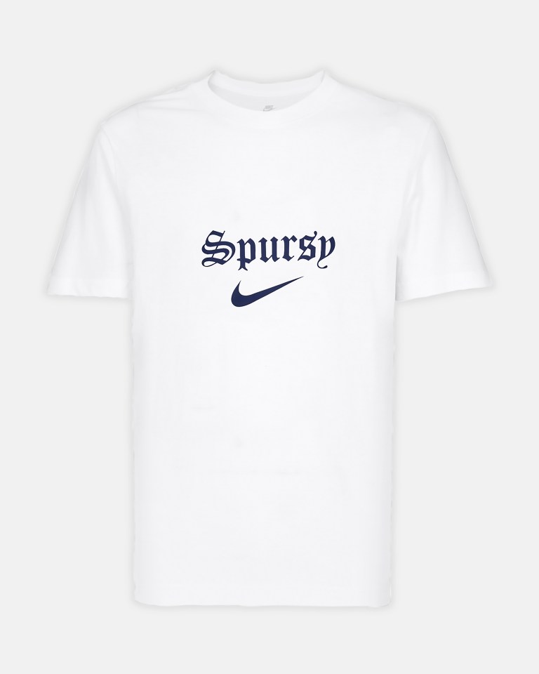 White Nike t-shirt with "Spursy" in dark blue gothic font above a dark blue Nike swoosh.