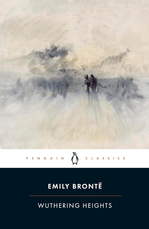 Illustration of the "Wuthering Heights" book cover, featuring two figures in a misty, watercolor landscape.