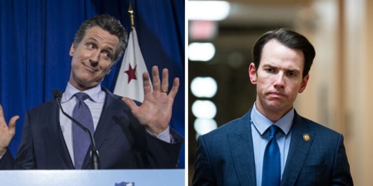 Gavin Newsom stands at podium during gubernatorial primary election watch party as Kevin Kline walks silently in a hallway.