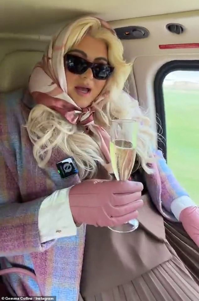 Gemma meanwhile was taking to the skies as she arrived via helicopter while drinking champagne with an elegant silk scarf wrapped around her coiffed locks