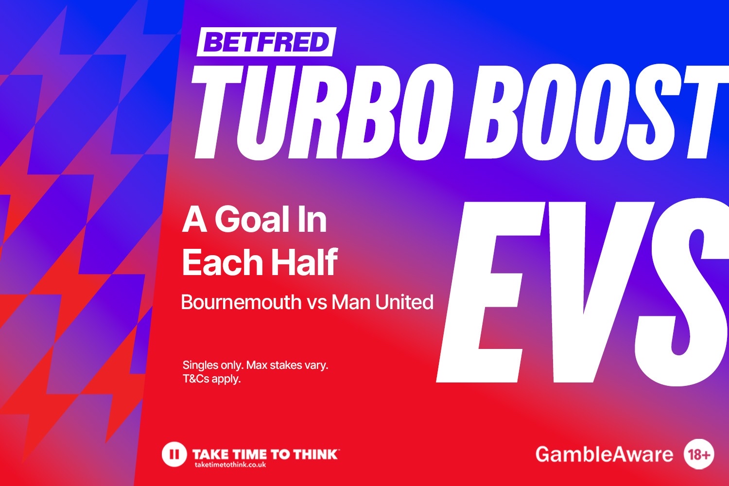 Betfred Turbo Boost for "A Goal In Each Half" for the Bournemouth vs Man United game, offering EVS odds.