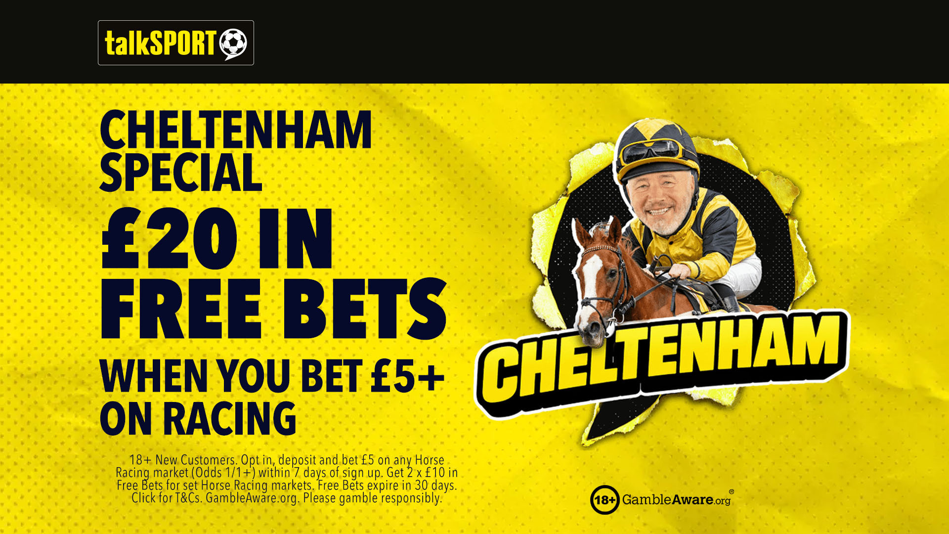 Promotional image for TalkSport offering £20 in free bets for Cheltenham horse racing.