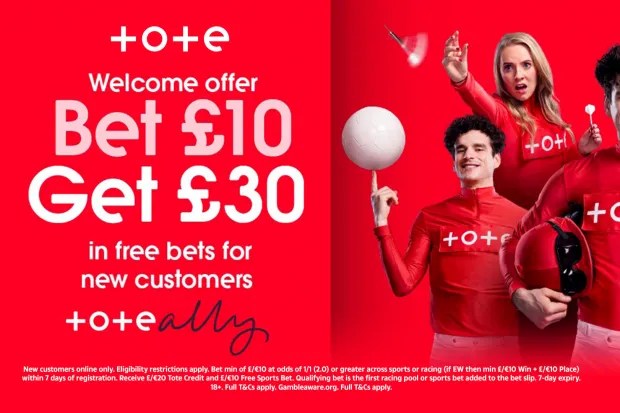 Welcome offer of "Bet £10, Get £30" in free bets for new customers with an image of three people in red athletic wear holding sports equipment.