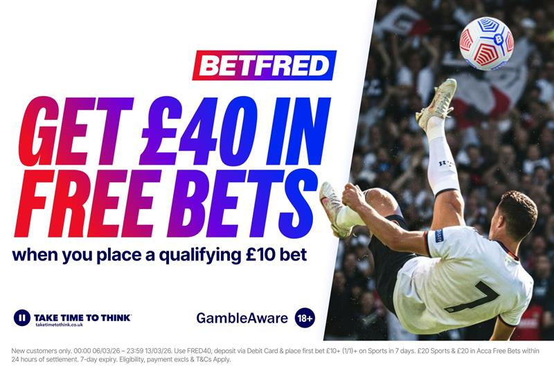 Betfred advertisement for £40 in free bets with a qualifying £10 bet, featuring a soccer player doing a bicycle kick.