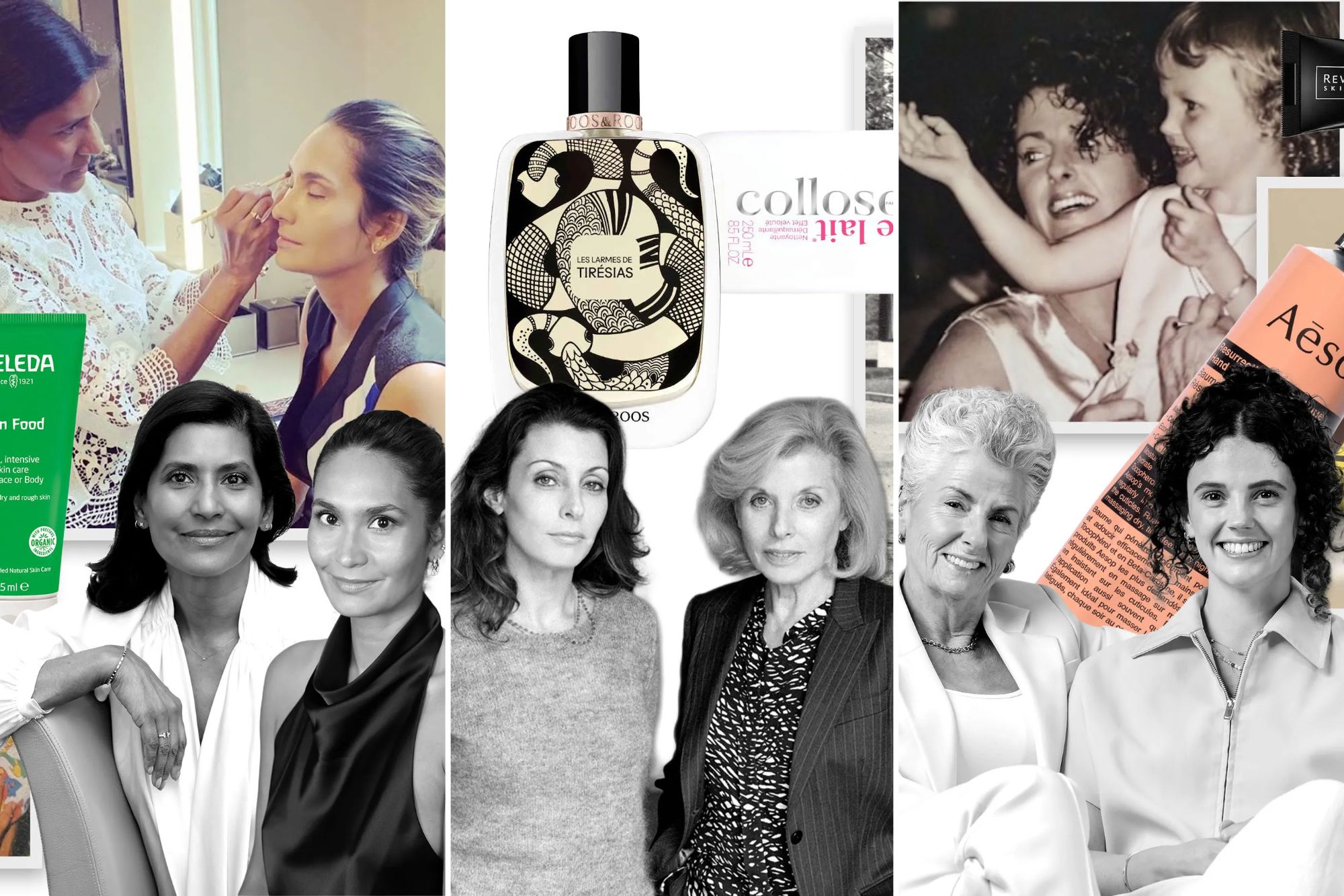 An image collage containing 3 images, Image 1 shows Collage of beauty products and images of women, Image 2 shows Collage of two women, a child, and various beauty products, Image 3 shows Collage of a black and white photo of a woman holding a small child, an older woman and a younger woman smiling, and various beauty products
