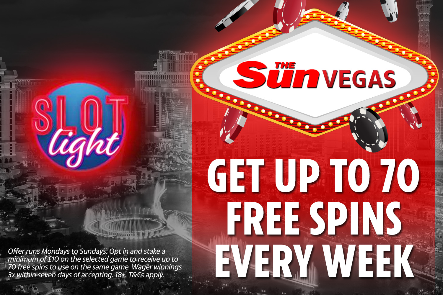Advertisement for The Sun Vegas offering up to 70 free spins weekly.