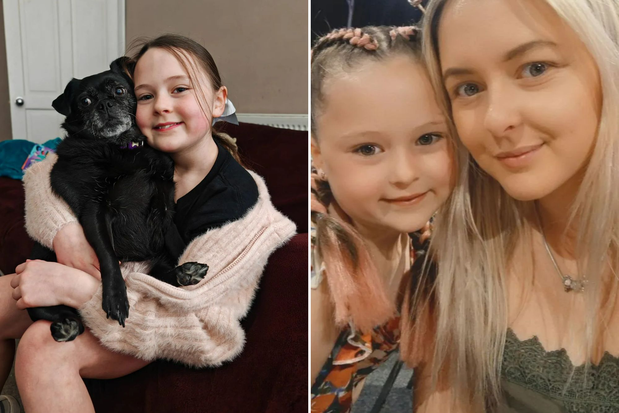 An image collage containing 2 images, Image 1 shows Girl dies after suspected eye strain from playing Roblox turned out to be tumour, Image 2 shows A smiling Myla Lilly Broadey-Meear and her mother, Chantelle Broadley