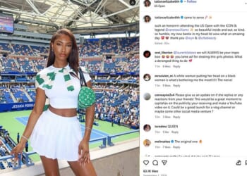 This 2024 Instagram post shows a photo of Tatiana Elizabeth standing at the US Open. The influencer is seen in the photo wearing a white t-shirt and tennis skirt with a green bag