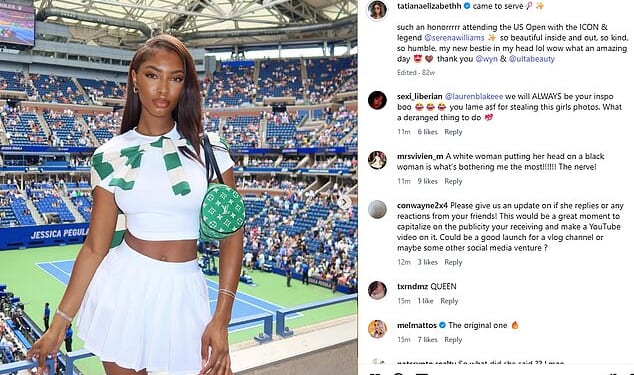 This 2024 Instagram post shows a photo of Tatiana Elizabeth standing at the US Open. The influencer is seen in the photo wearing a white t-shirt and tennis skirt with a green bag
