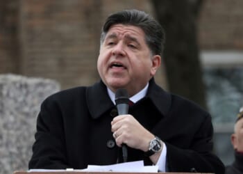 Illinois Governor JB Pritzker speaks at a Veteran's Day ceremony in Chicago, Illinois, on. Nov. 11, 2025.