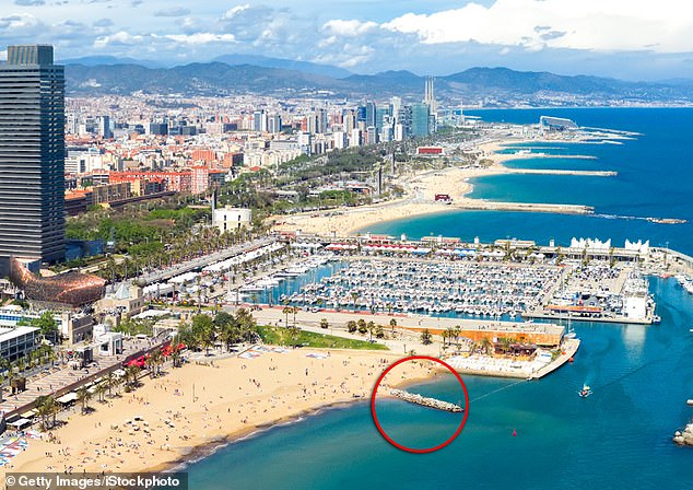 Police believe when he left a nightclub after drinking he walked towards some rocks (circled) that stuck out of the nearby beach
