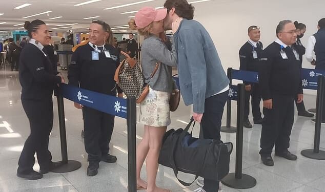 Emma Watson, 35, was bare-legged and in flip-flops, shared a tender kiss with her beau Gonzalo Hevia Bailleres in a Mexican airport last week