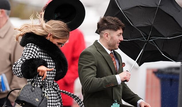 The windy weather at Cheltenham Festival today proved to be too much for some racegoers who struggled to control their brollies – or worse, lost hold of their hats