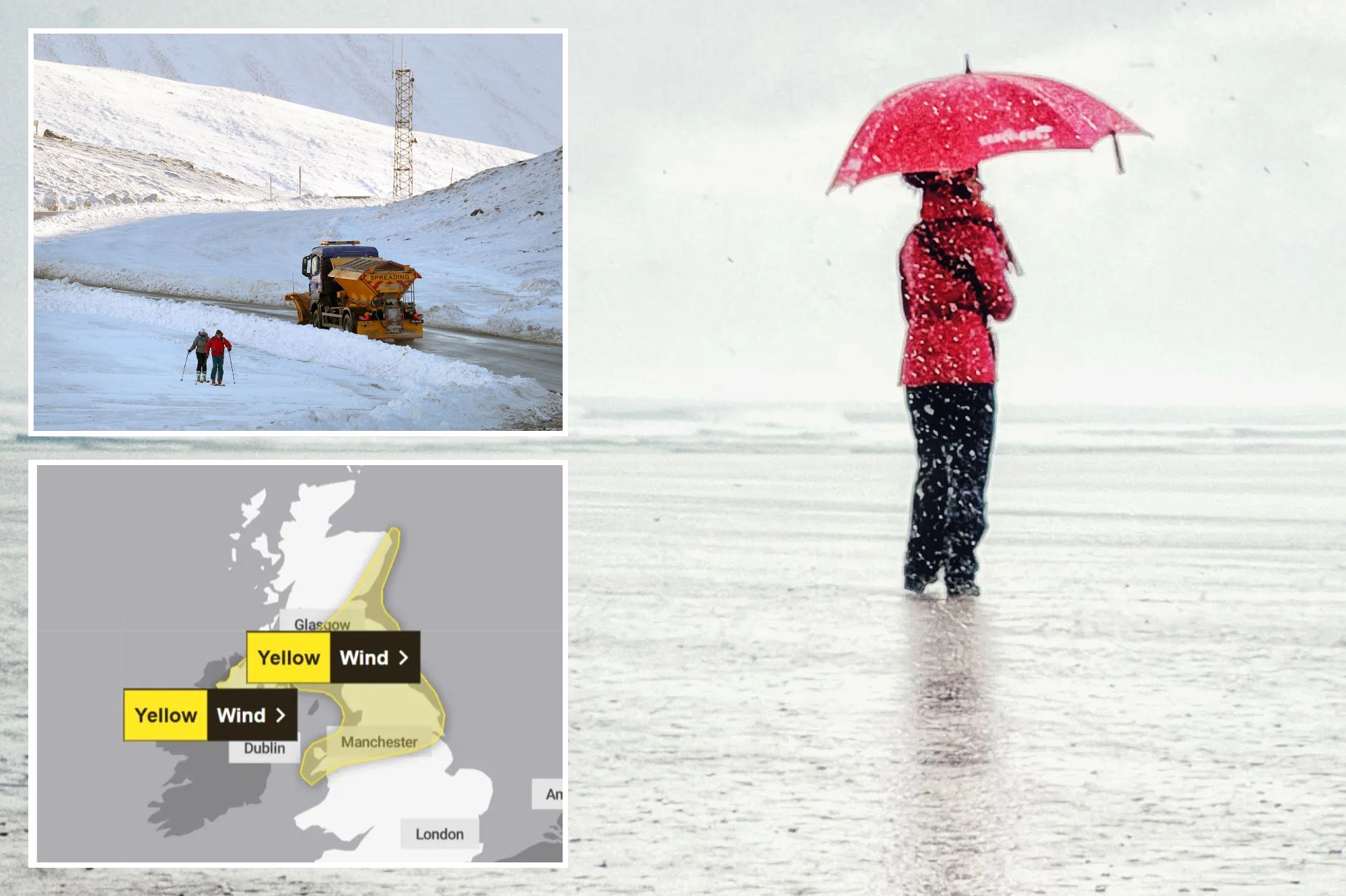 An image collage containing 3 images, Image 1 shows Raich Keene on Fistral Beach, Newquay, UK, holding a red umbrella in heavy rain, Image 2 shows Coronavirus - Fri Jan 8, 2021, Image 3 shows NINTCHDBPICT001065954687