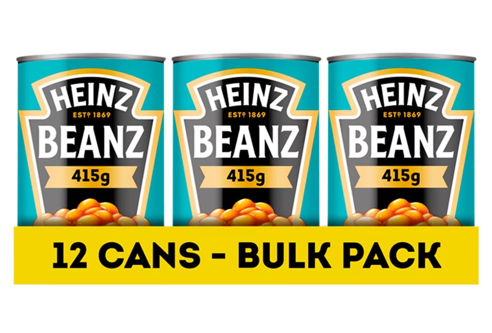 Three cans of Heinz Beanz, 415g each, labeled as a "12 CANS - BULK PACK."