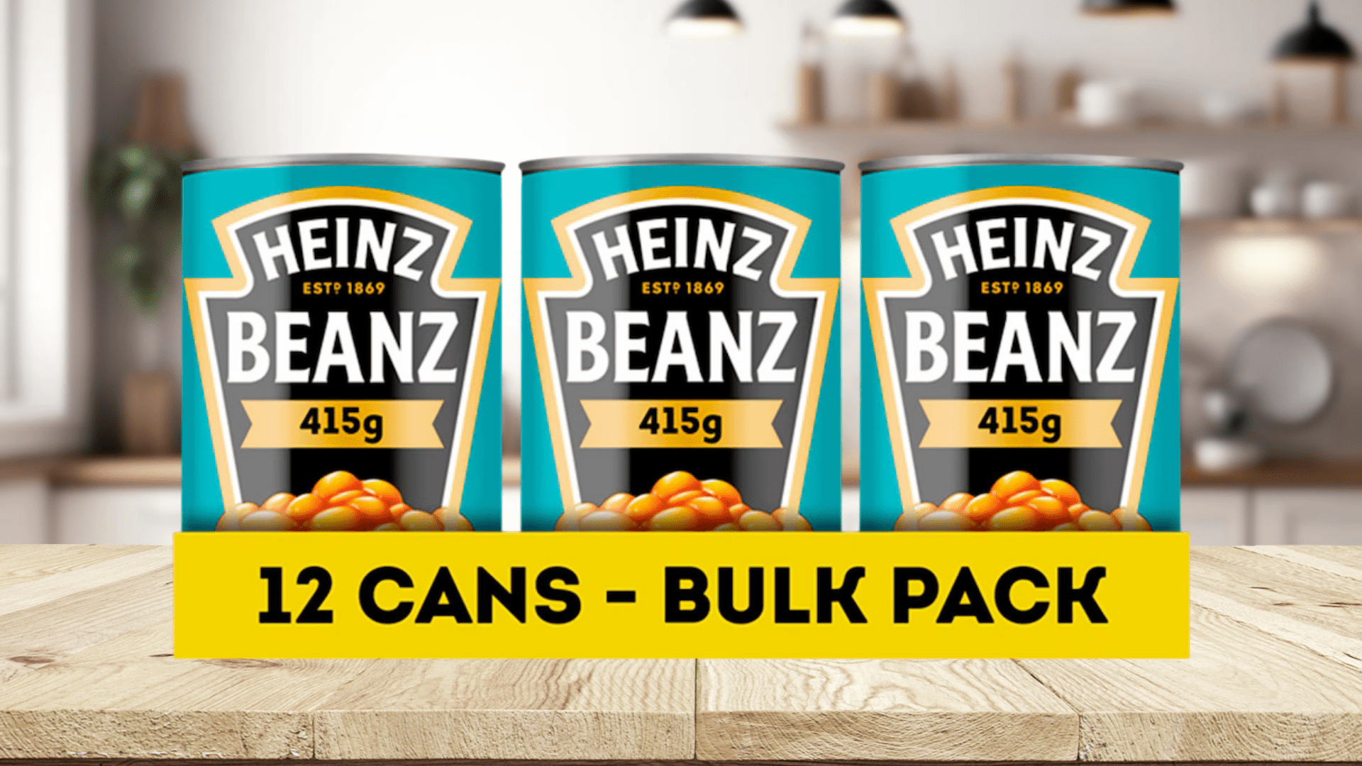 Illustration of three Heinz Beanz cans, 415g each, with a "12 CANS - BULK PACK" banner.