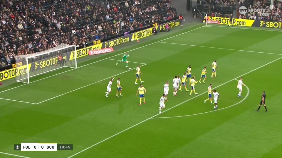 A goalkeeper kicks the ball during a soccer match between Fulham and Southampton.