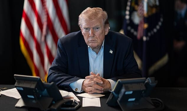 President Trump pictured while overseeing the US bombing campaign on Iran's Islamic Revolutionary Guard Corps