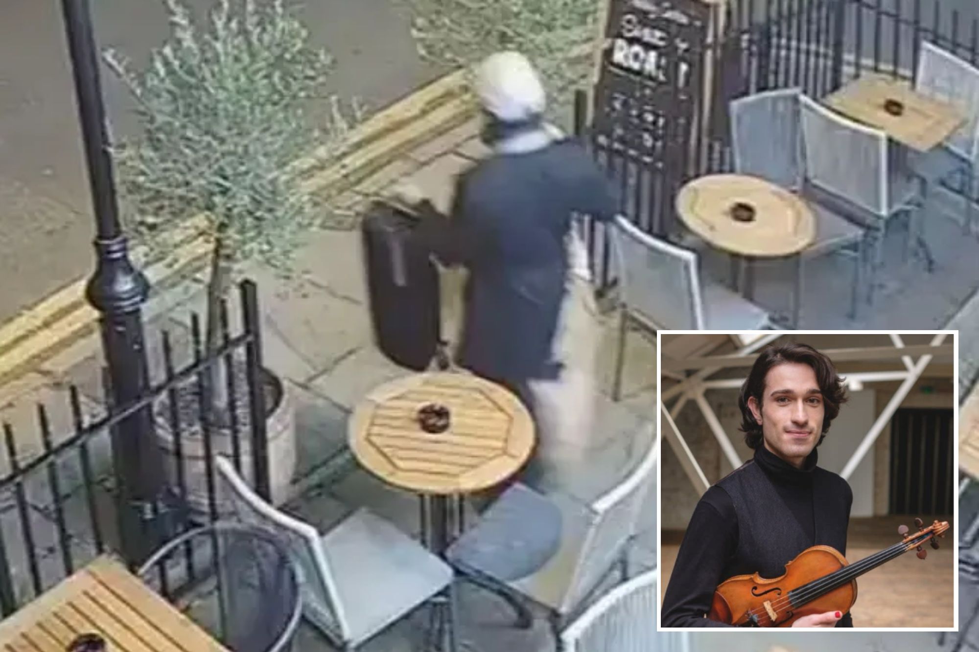An image collage containing 2 images, Image 1 shows CCTV footage showing Ahmed Sami Madour allegedly stealing a violin from a pub's outdoor seating area, Image 2 shows Ahmed Sami Madour holding a violin