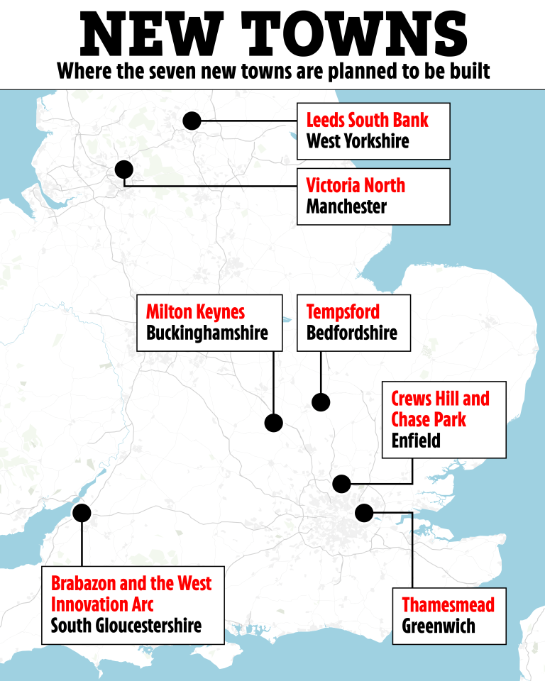 Illustration of a map of England highlighting the locations of seven new towns to be built, including Leeds South Bank, Victoria North, Milton Keynes, Tempsford, Crews Hill and Chase Park, Brabazon and the West Innovation Arc, and Thamesmead.