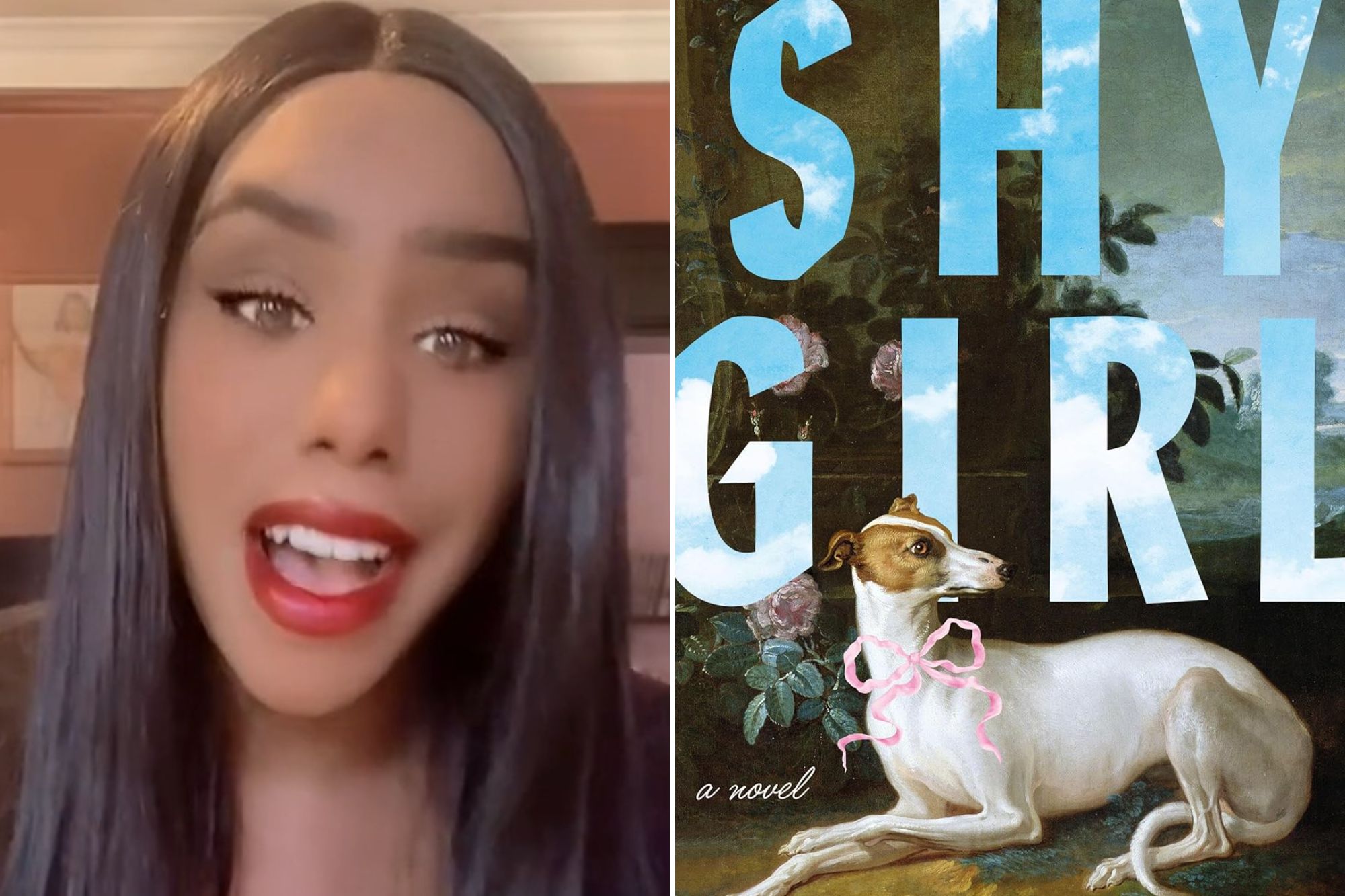An image collage containing 2 images, Image 1 shows Mia Ballard in a screenshot from a TikTok video, Image 2 shows Book cover for "Shy Girl" by Mia Ballard, featuring a dog with a pink bow and large sky-patterned text