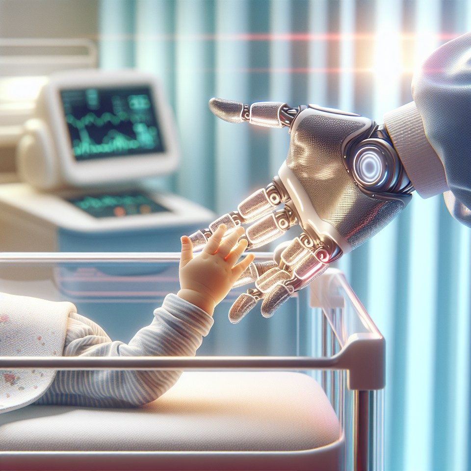 Illustration of a newborn baby's hand reaching out to a robot's hand in a hospital.