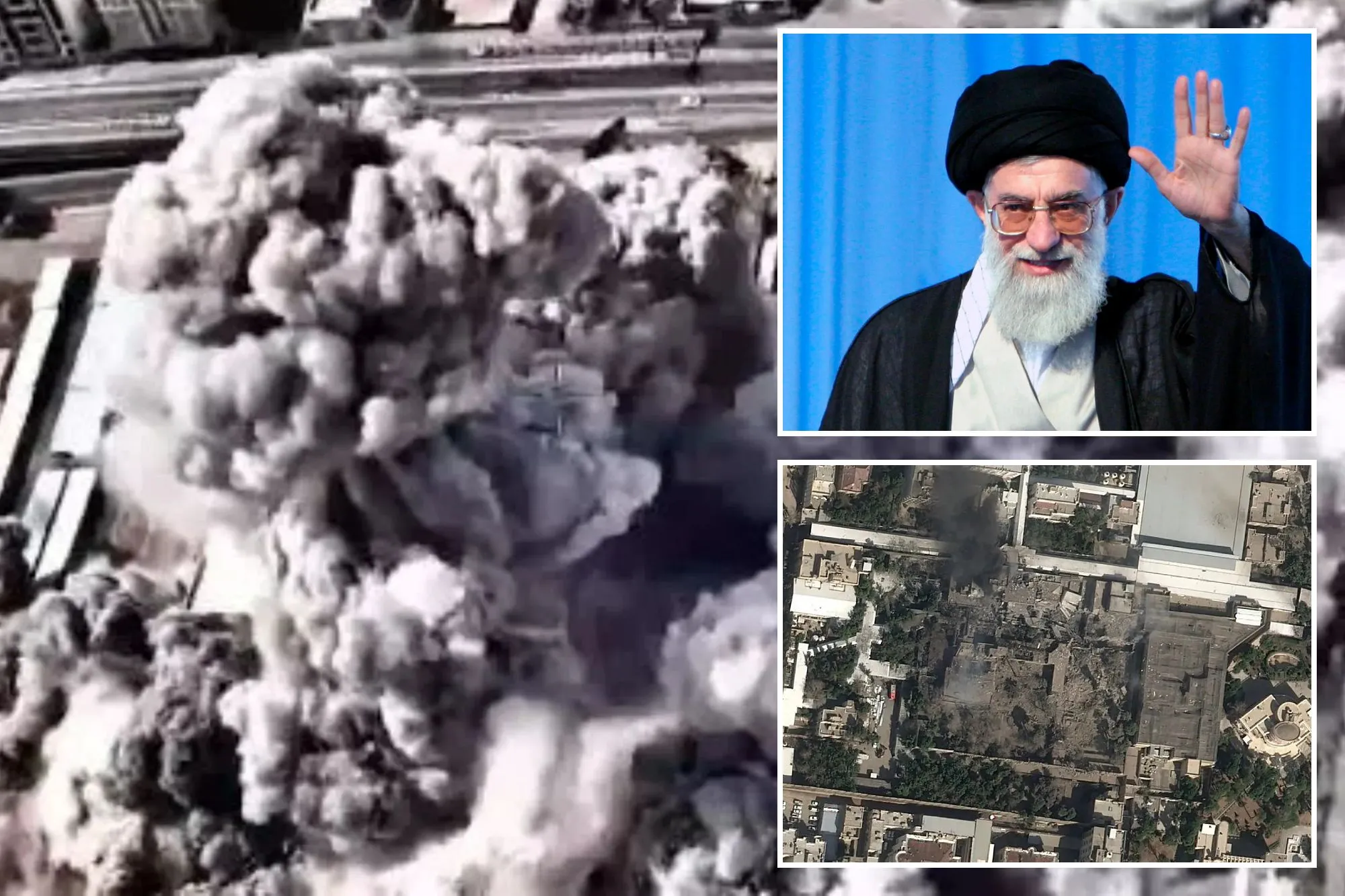 An image collage containing 3 images, Image 1 shows An image collage containing 1 images, Image 1 shows Aerial view of a large explosion with dense grey smoke billowing upwards from a city, Image 2 shows Iranian supreme leader Khamenei killed in an airstrike, Image 3 shows Iran