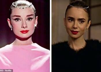 Lily Collins has been copying Audrey Hepburn's iconic looks without anyone realising as part of her 10-year plan to be cast as the Hollywood legend in a biopic (Audrey pictured in Funny Face/ Lily pictured in Emily In Paris)