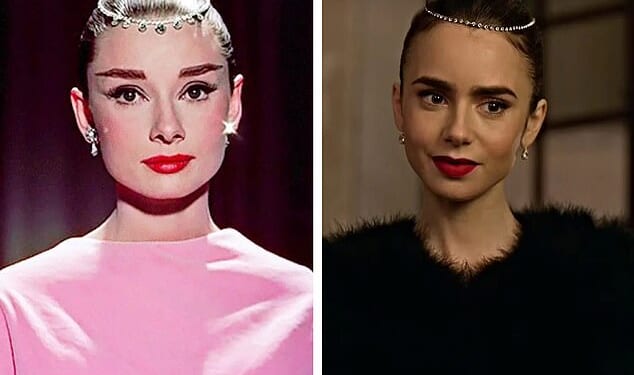 Lily Collins has been copying Audrey Hepburn's iconic looks without anyone realising as part of her 10-year plan to be cast as the Hollywood legend in a biopic (Audrey pictured in Funny Face/ Lily pictured in Emily In Paris)