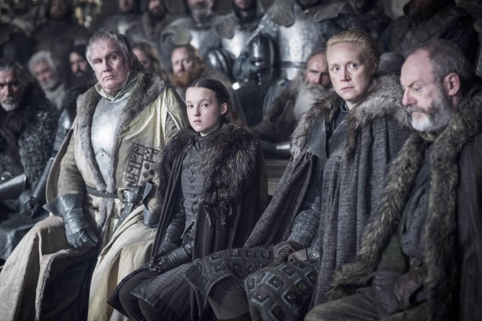 Gwendoline Christie, Liam Cunningham, and Bella Ramsey in "Game of Thrones" season 8.