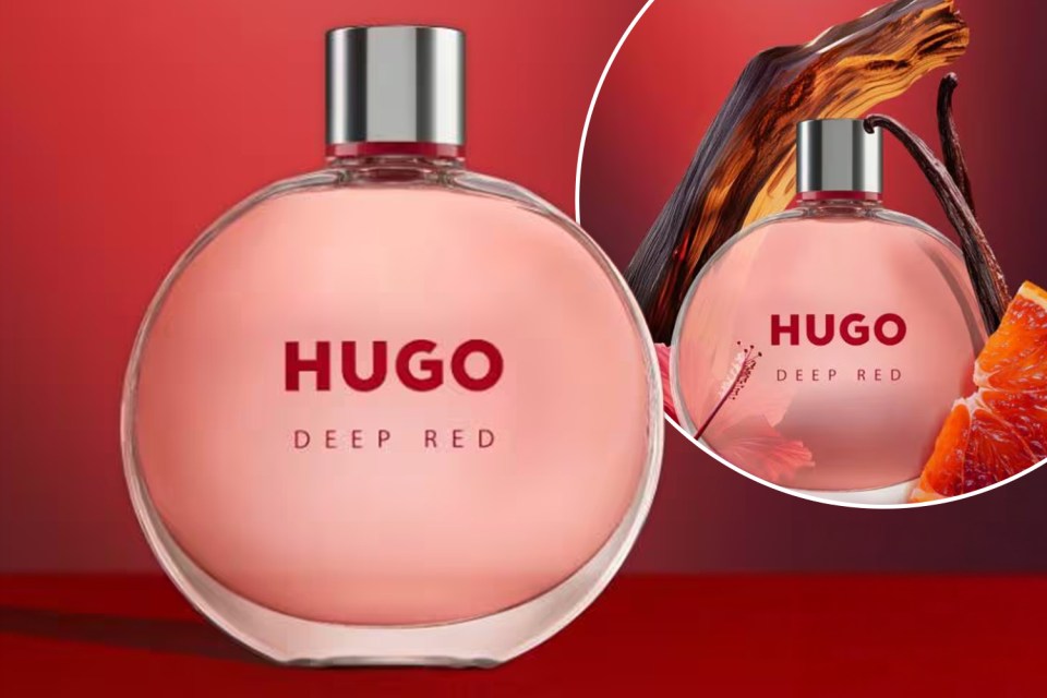 Collage of two Hugo Deep Red perfume bottles, one larger in the foreground and a smaller one in the background with added vanilla pods, a hibiscus flower, and a sliced orange.