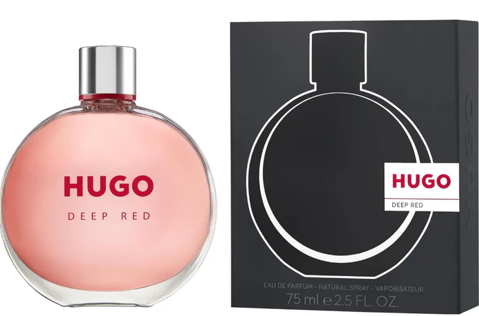 Hugo Deep Red perfume bottle and its black packaging.