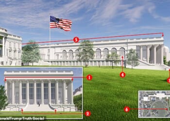 The above image illustrates the issues identified by the critics. 1. Columns block interior view. 2. Grand Staircase does not lead to ballroom. 3. Entrance is actually by the side.  4 Portico unnecessarily big. 6 Design requires relocation of existing path, ruining symmetry.