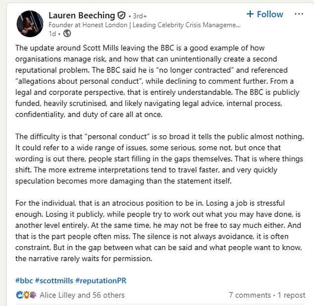 Edwards liked a post made by celebrity crisis management expert Lauren Beeching describing Mills's predicament as 'atrocious'