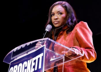 Rep. Jasmine Crockett speaks with supporters during her Senate primary election night party on March 3, 2026, in Dallas, Texas.