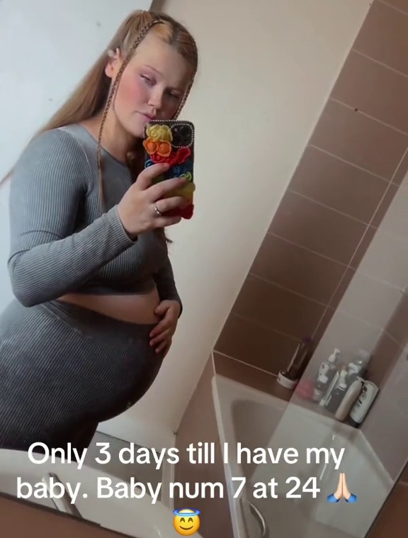 A pregnant woman in a gray ribbed outfit holds her baby bump in a mirror selfie, with text overlay "Only 3 days till I have my baby. Baby num 7 at 24".