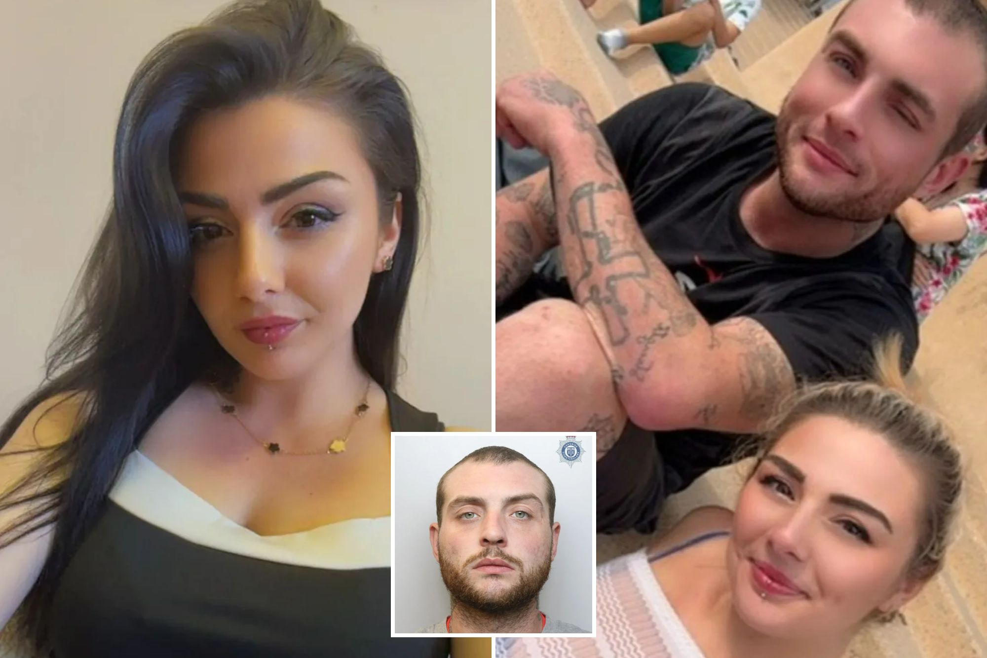 An image collage containing 3 images, Image 1 shows Shana Walker looking directly at the camera, Image 2 shows A woman with a lip piercing and a man with tattoos pose for a selfie, Image 3 shows Jason Lamb