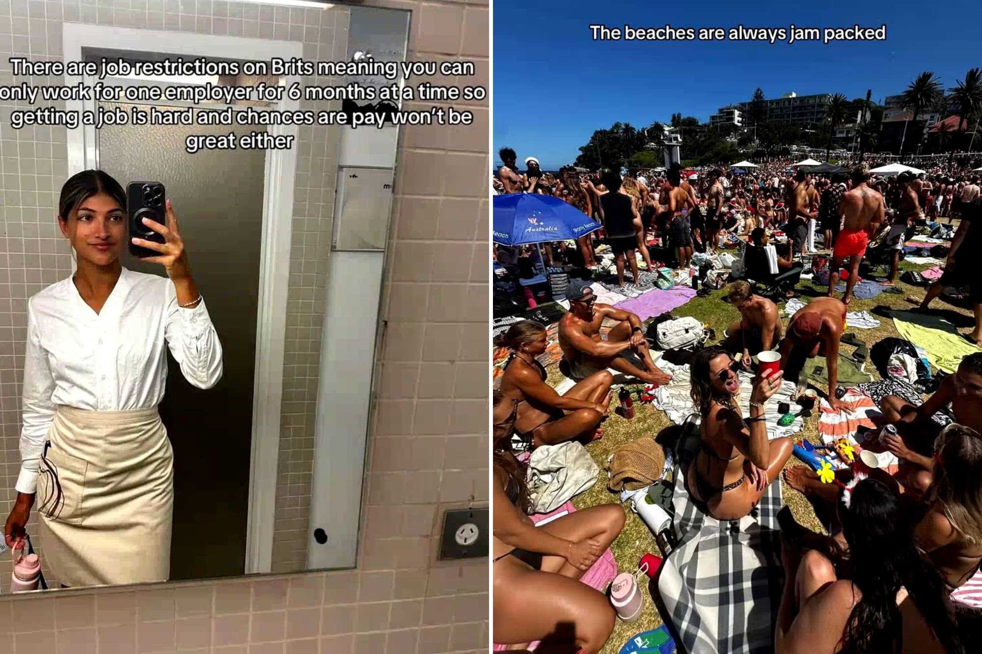 An image collage containing 2 images, Image 1 shows A young woman taking a mirror selfie with text discussing job restrictions for Brits, Image 2 shows Crowded beach on a sunny day