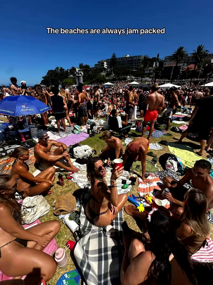 Crowded beach on a sunny day.