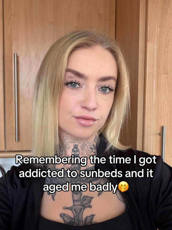 A woman with blonde hair and tattoos on her neck and chest, with text overlay.