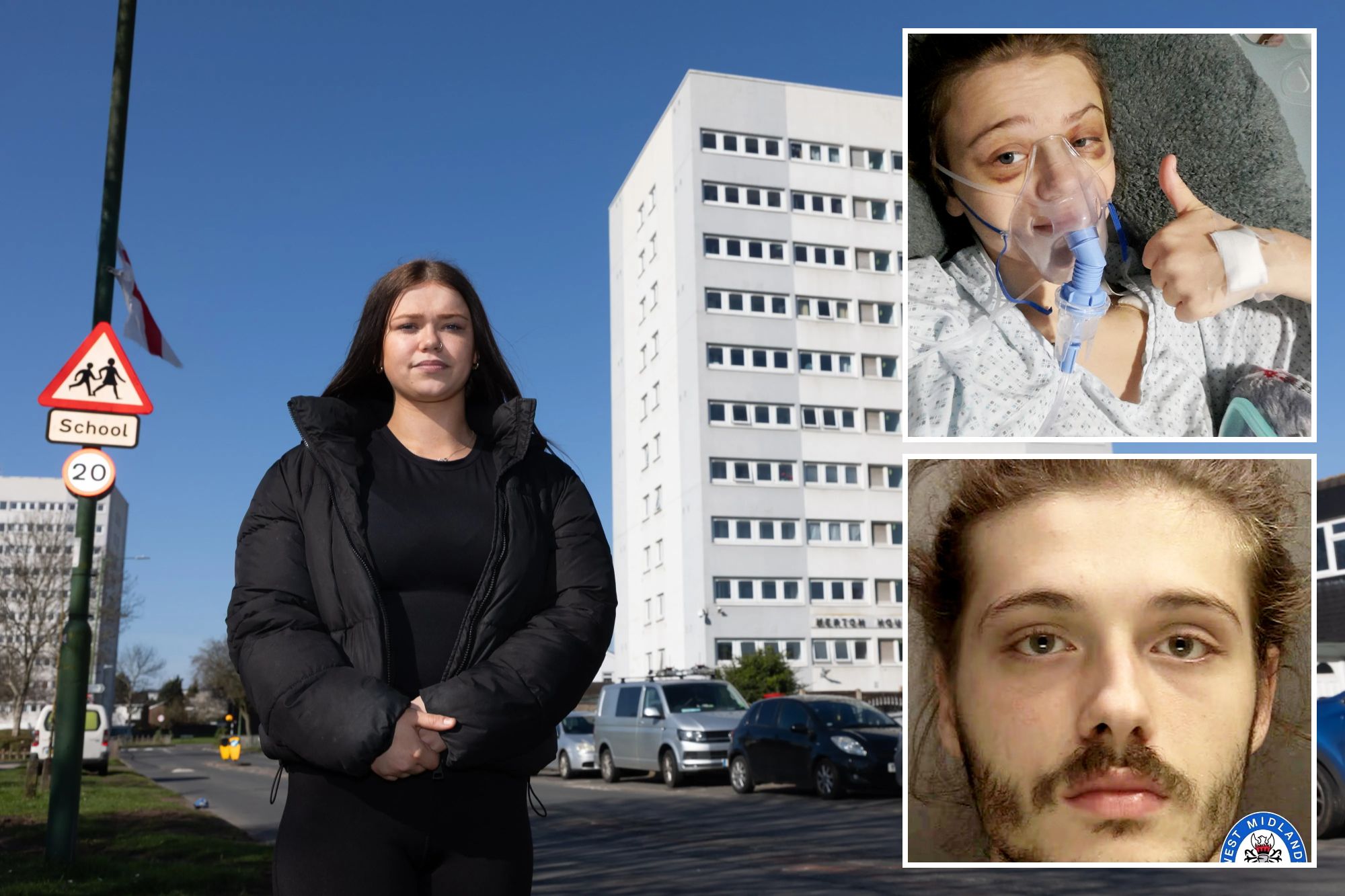 An image collage containing 3 images, Image 1 shows Bobbie Goodman standing in front of Merton House tower block, Image 2 shows Bobbie Goodman in a hospital bed with an oxygen mask, bruised eyes, and an IV in her hand, giving a thumbs up, Image 3 shows Mugshot of Jordan Herring, the man who threw Bobbie Goodman out of a fourth-story window