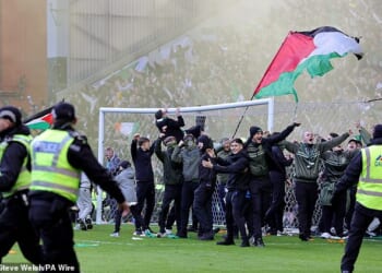 The disgraceful scenes started when Celtic fans spilled on to the pitch after their team's win