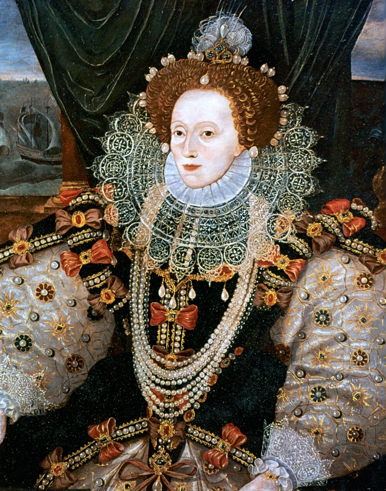 Painting of Elizabeth I, Queen of England and Ireland, in an elaborate dress and ruff, with pearls and jewels.