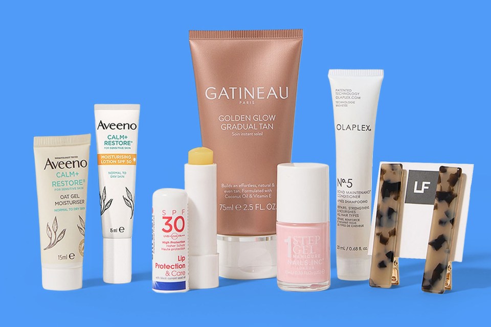 A selection of beauty products including Aveeno moisturizers, Gatineau gradual tan, SPF 30 lip protection, Nails.Inc nail polish, Olaplex conditioner, and hair clips.