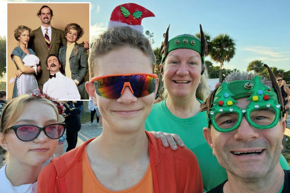 Collage of four people posing for a photo at a festive event and an inset photo of the cast of Faulty Towers.