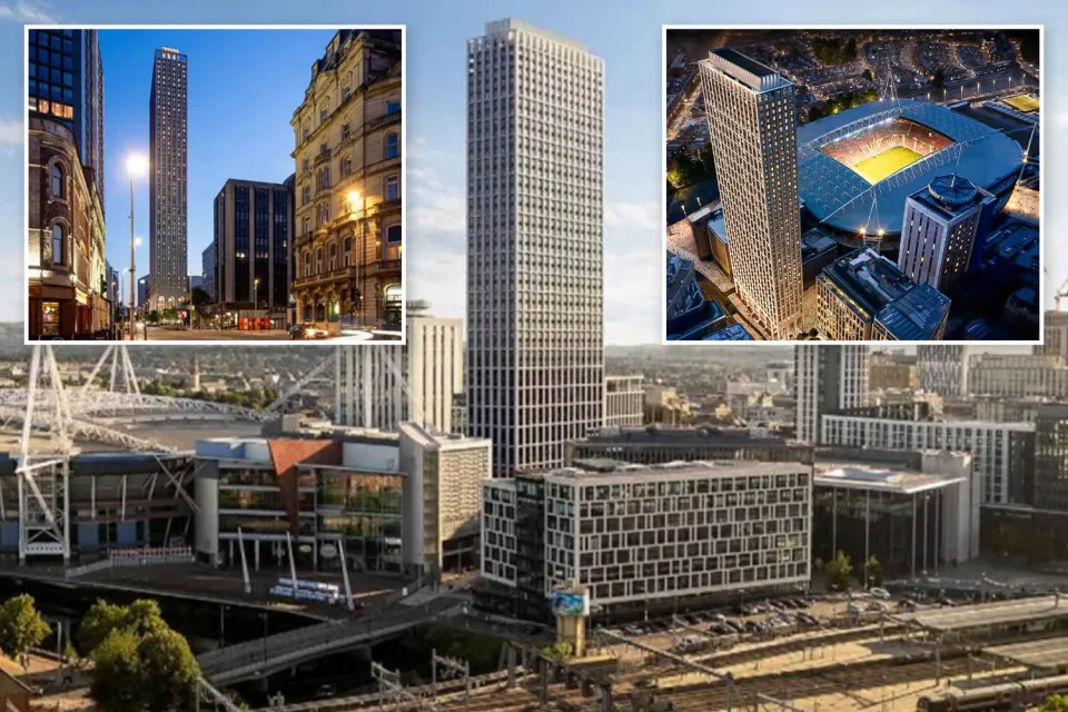 Collage of skyscraper illustrations in a city setting.