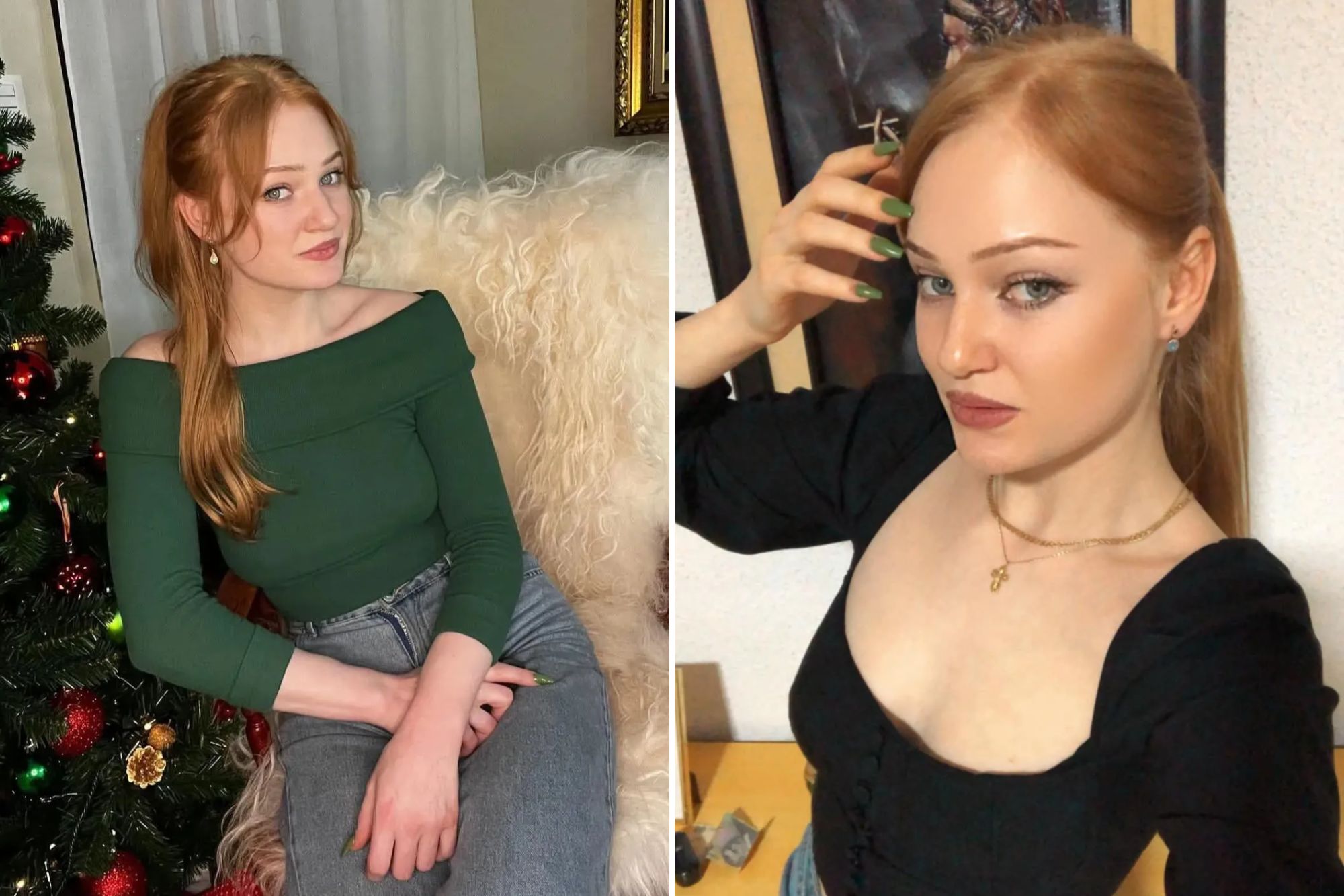 An image collage containing 2 images, Image 1 shows Andreea Ani?a, a cancer influencer, posing next to a Christmas tree, Image 2 shows Andreea Anița, a cancer influencer, poses for a selfie, looking directly at the camera with her hand near her hair