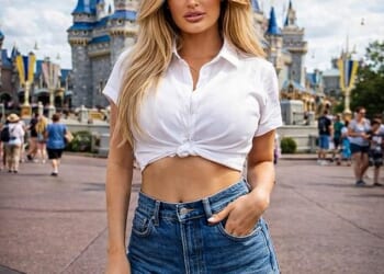 Fashion and lifestyle blogger Marina Smith, 27, from Sao Paulo, Brazil, opted for what she described as a 'short, form-fitting outfit' for her visit to the amusement park - comprising of a white tie-front shirt and blue denim jeans (pictured)