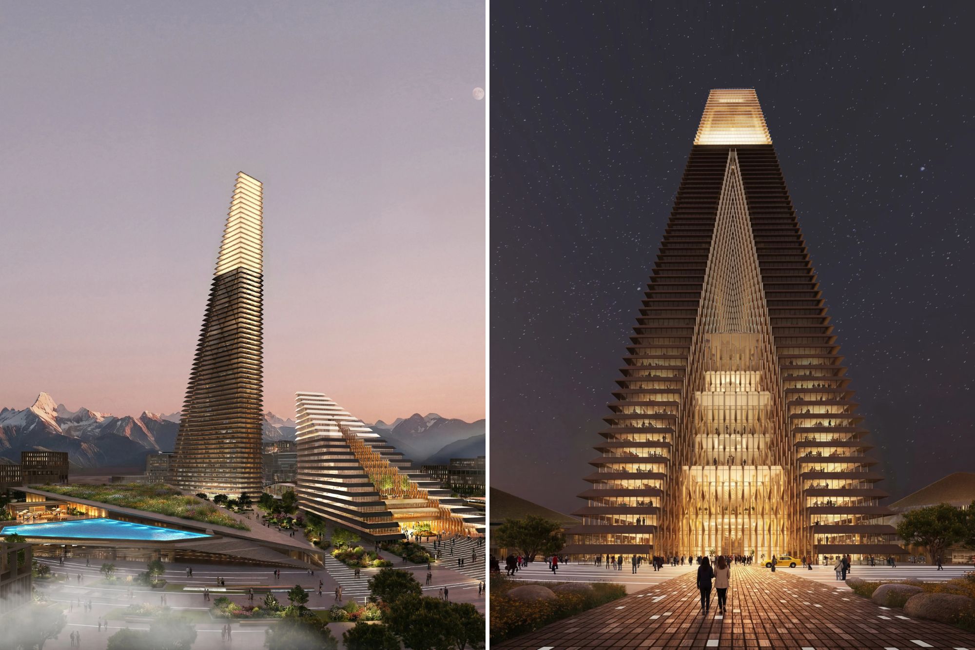 An image collage containing 2 images, Image 1 shows Futuristic 21glacier-inspired21 skyscraper set to transform Kazakhstans skyline, Image 2 shows Futuristic 21glacier-inspired21 skyscraper set to transform Kazakhstans skyline